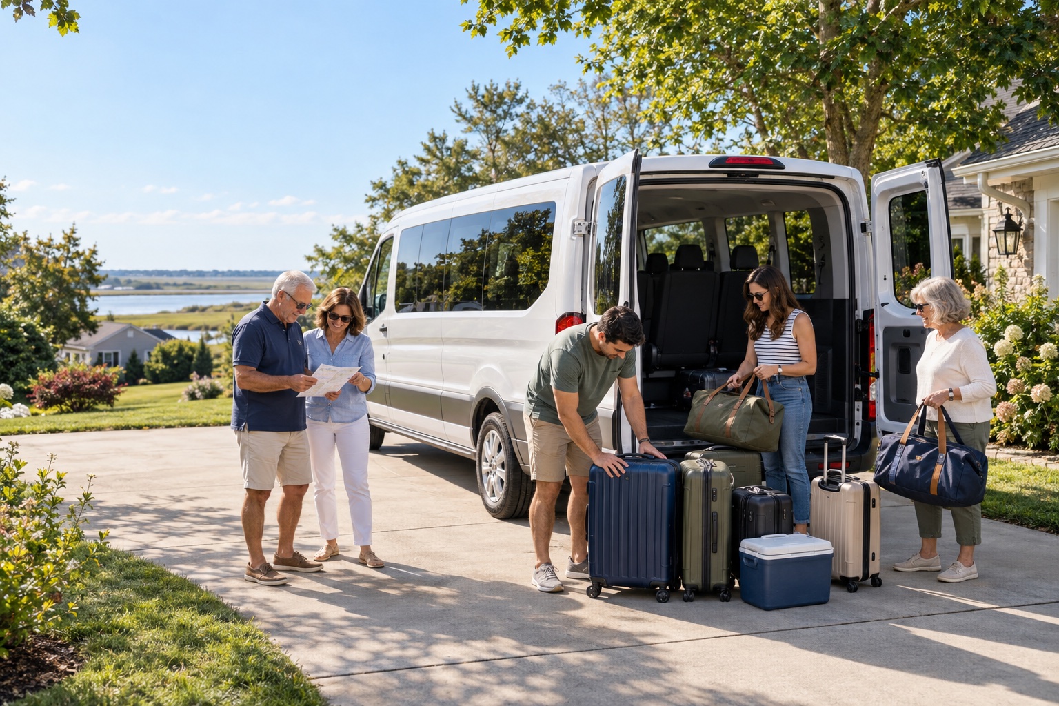 Group planning luggage beside a white passenger van before a South Jersey trip
