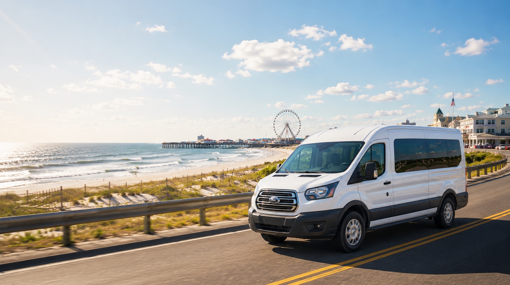 12-passenger van driving along the Jersey Shore