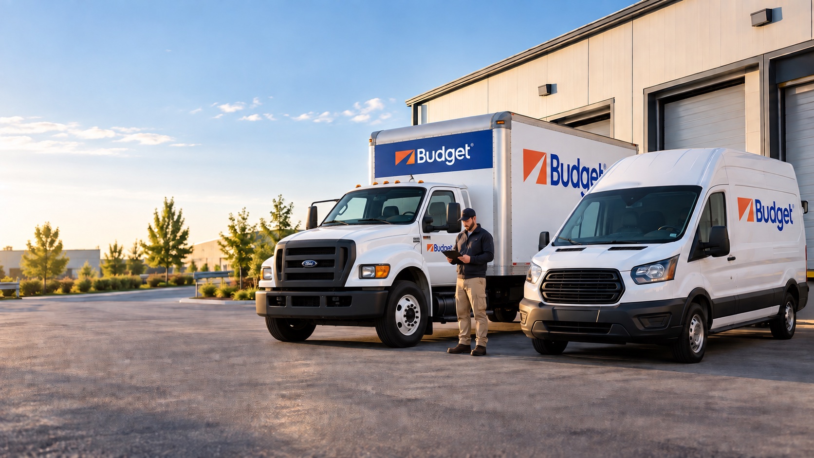 Ford-style Budget box truck and cargo van ready for a small business rental at a warehouse