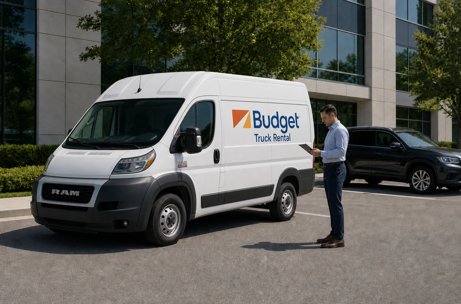 Budget cargo van outside a business property