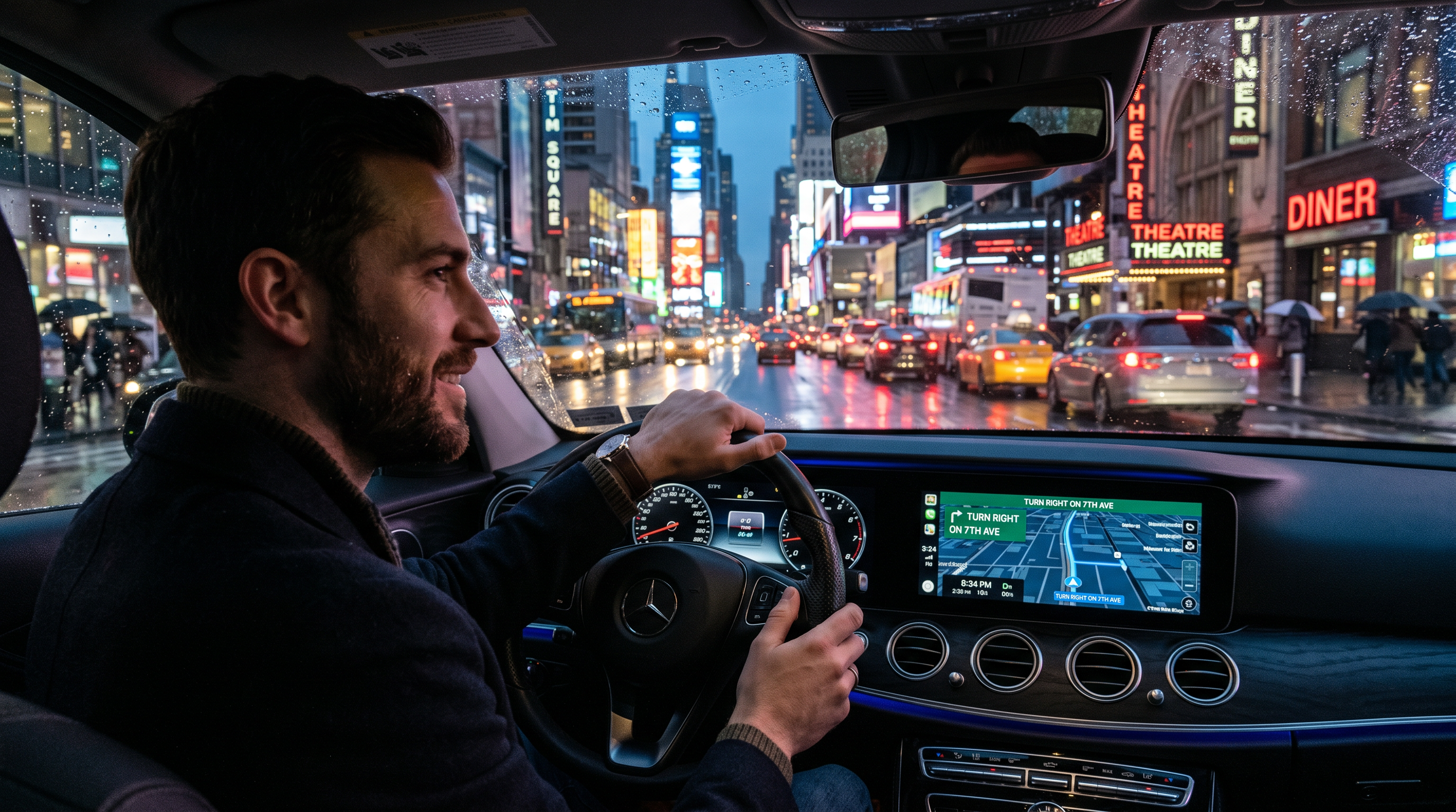Driver navigating city street at night with GPS