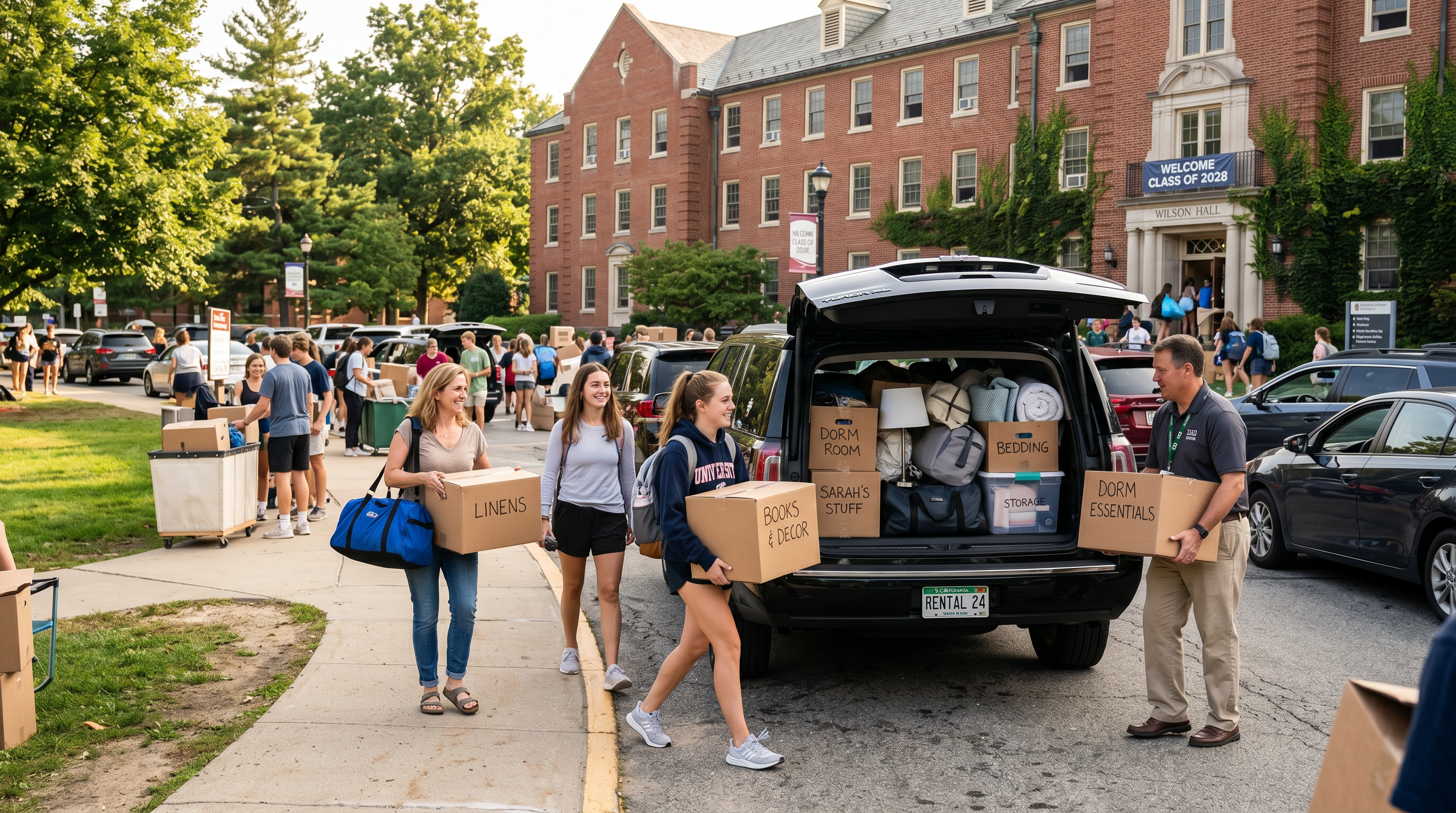 Family unloading a large SUV rental on college campus move-in day