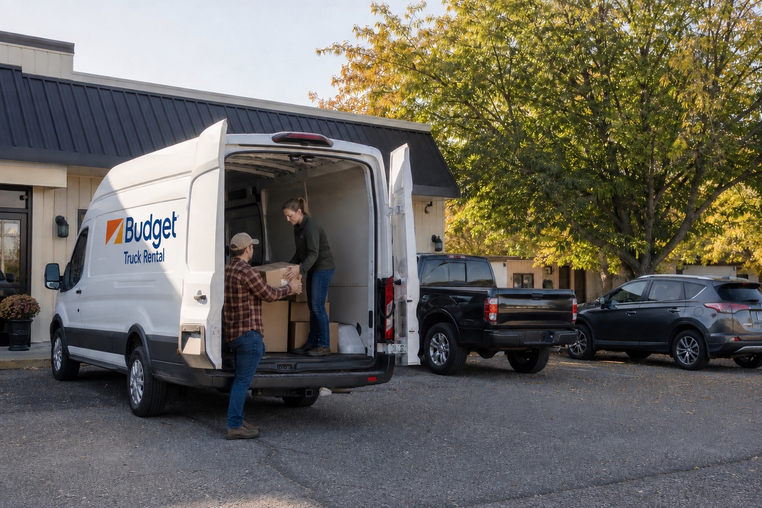 Small business team loading a cargo van with other temporary fleet vehicles nearby