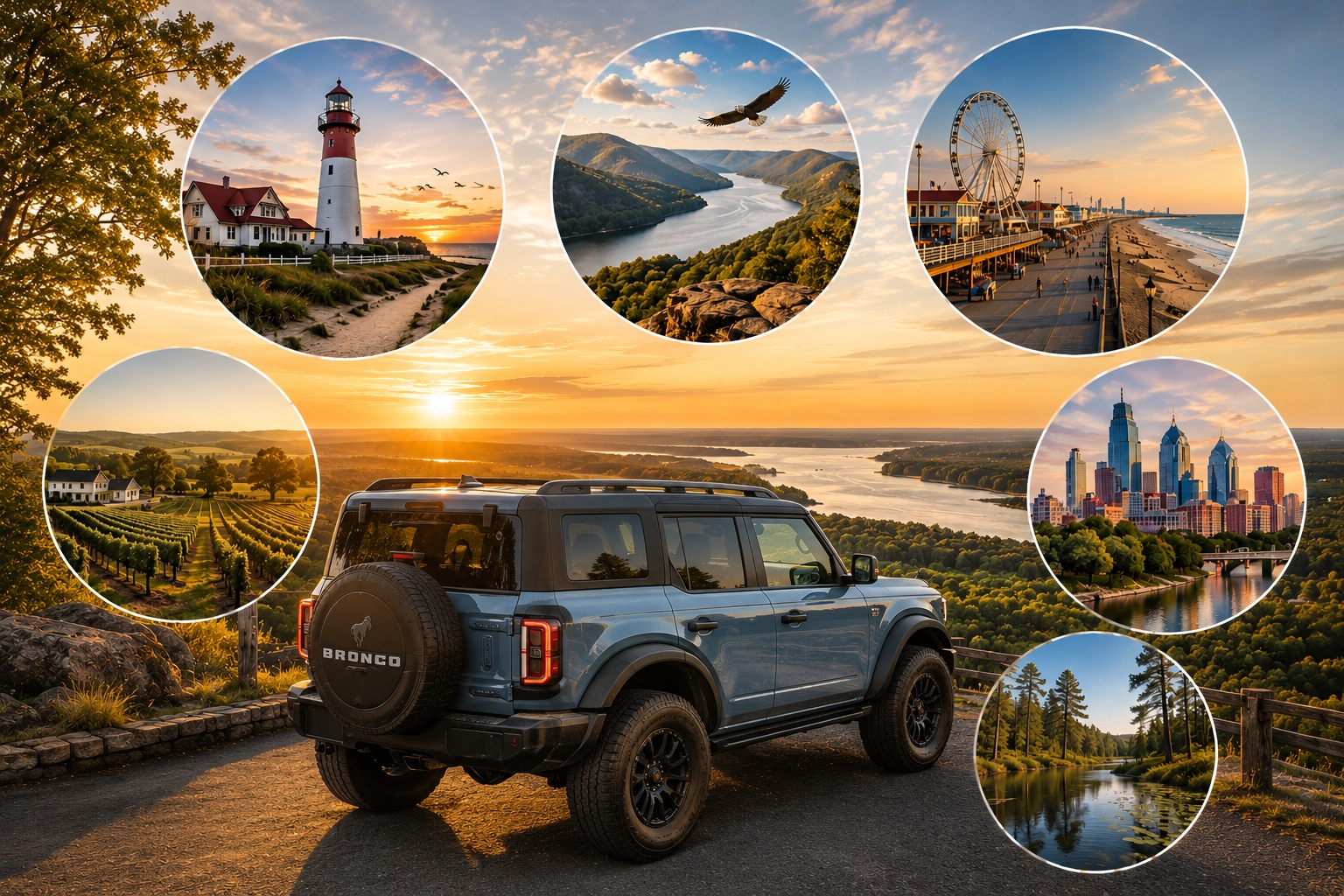 Ford Bronco at sunset surrounded by South Jersey day trip destinations