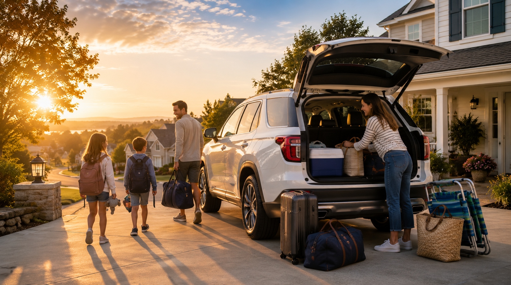 Family loading rental SUV at sunrise