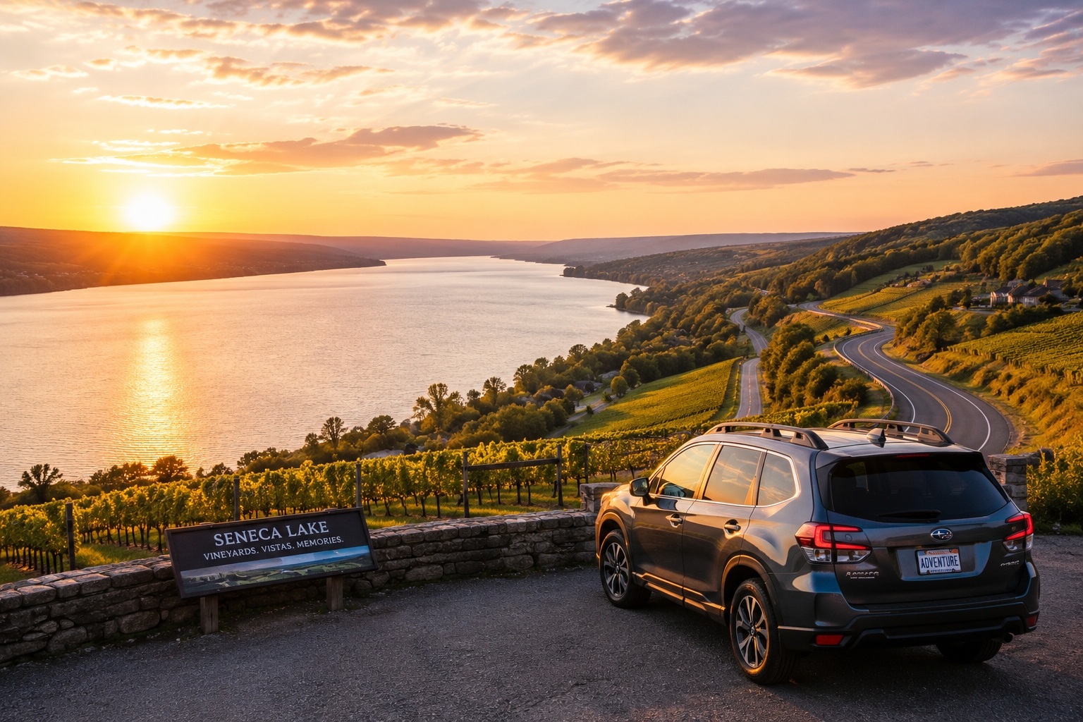 SUV overlooking Seneca Lake vineyards at sunset