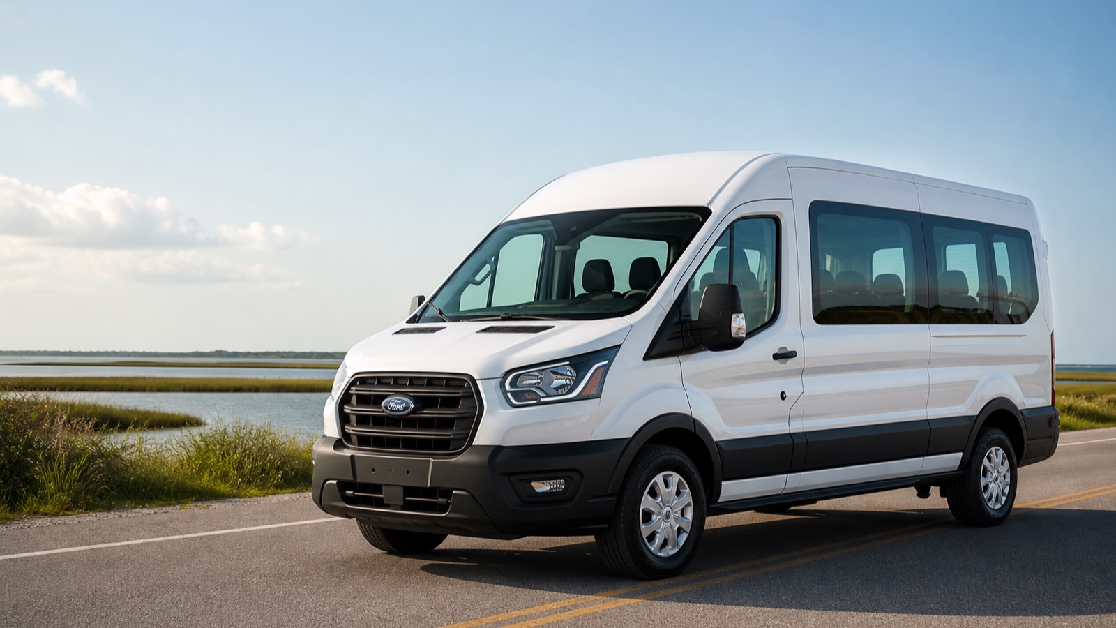 2026 Ford Transit 12-passenger van along the New Jersey shore