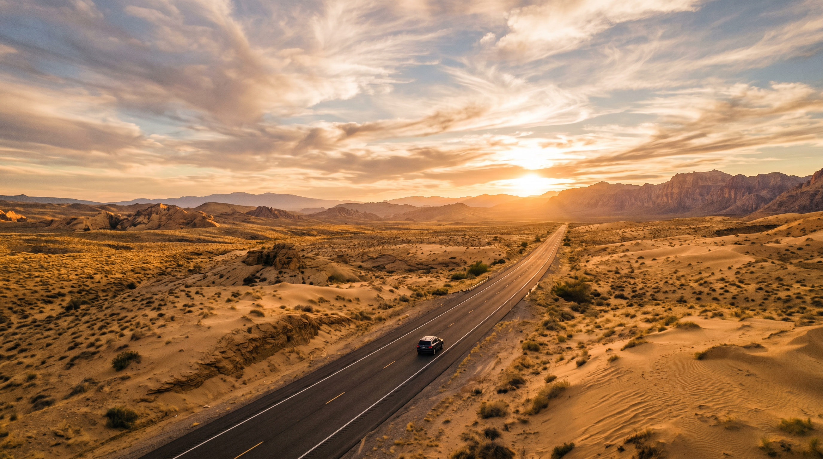Open highway through golden desert at sunset