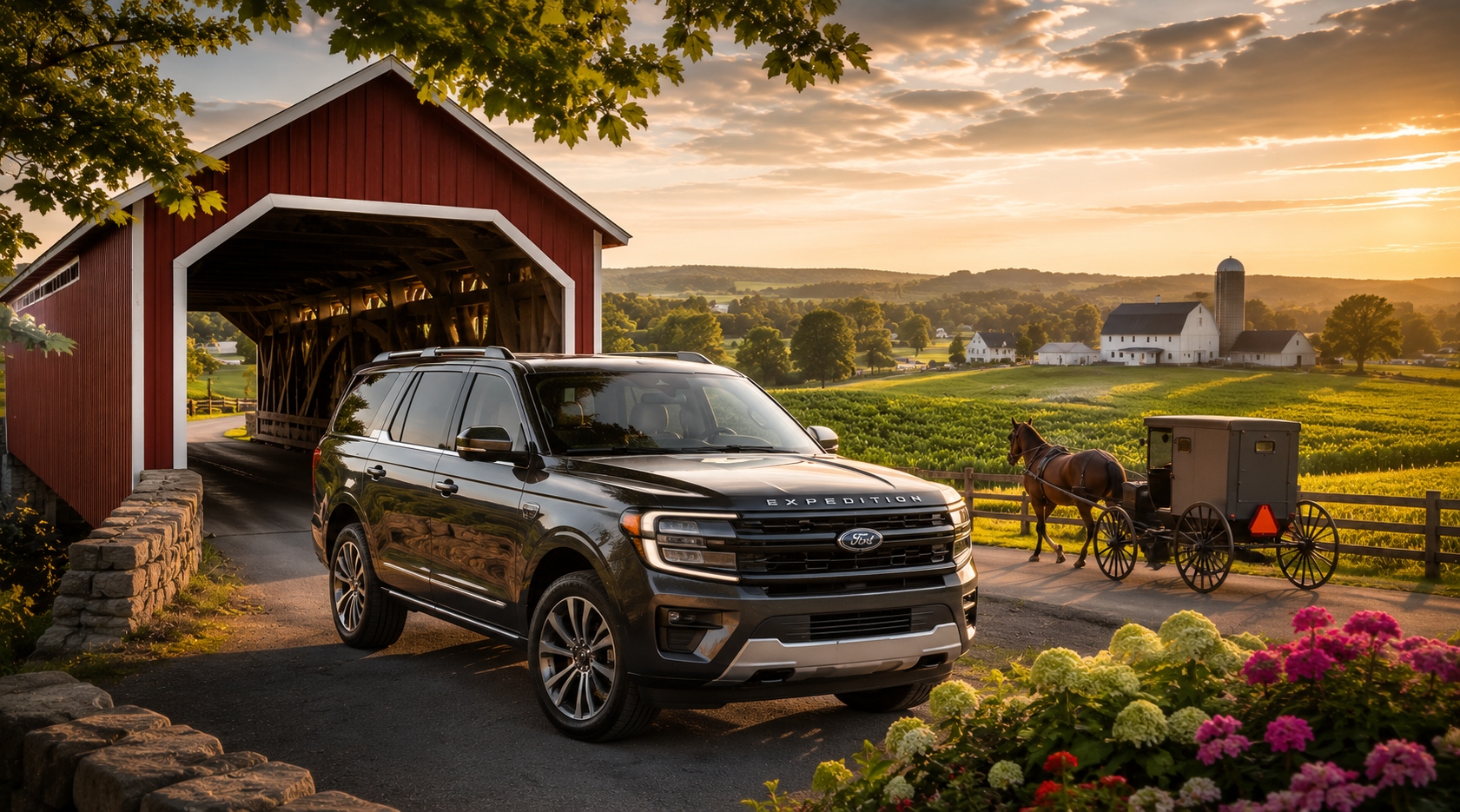 Ford Expedition at Lancaster County covered bridge with Amish buggy