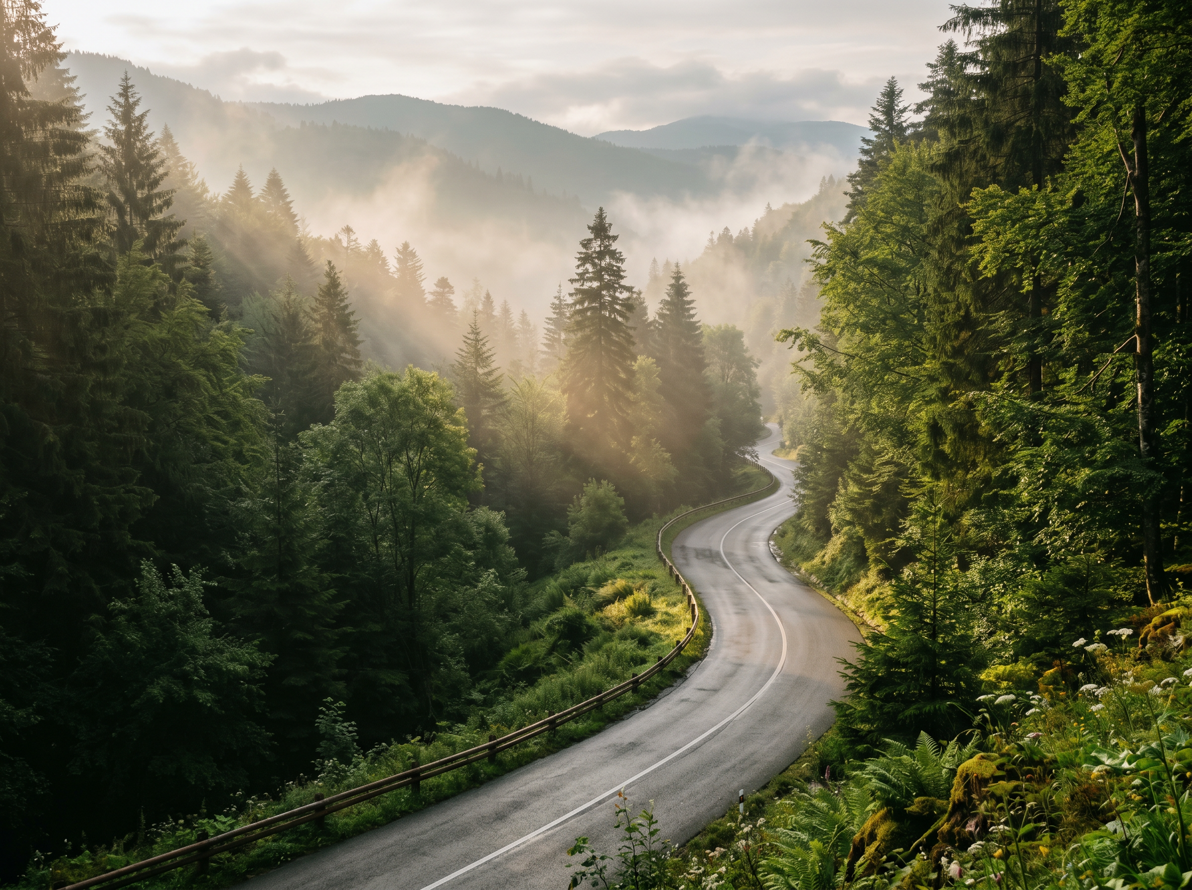 Winding mountain road through forest