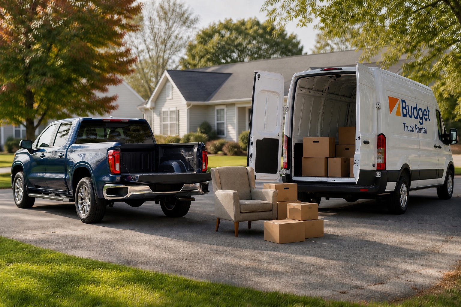 Pickup truck and cargo van prepared for a small furniture and box move