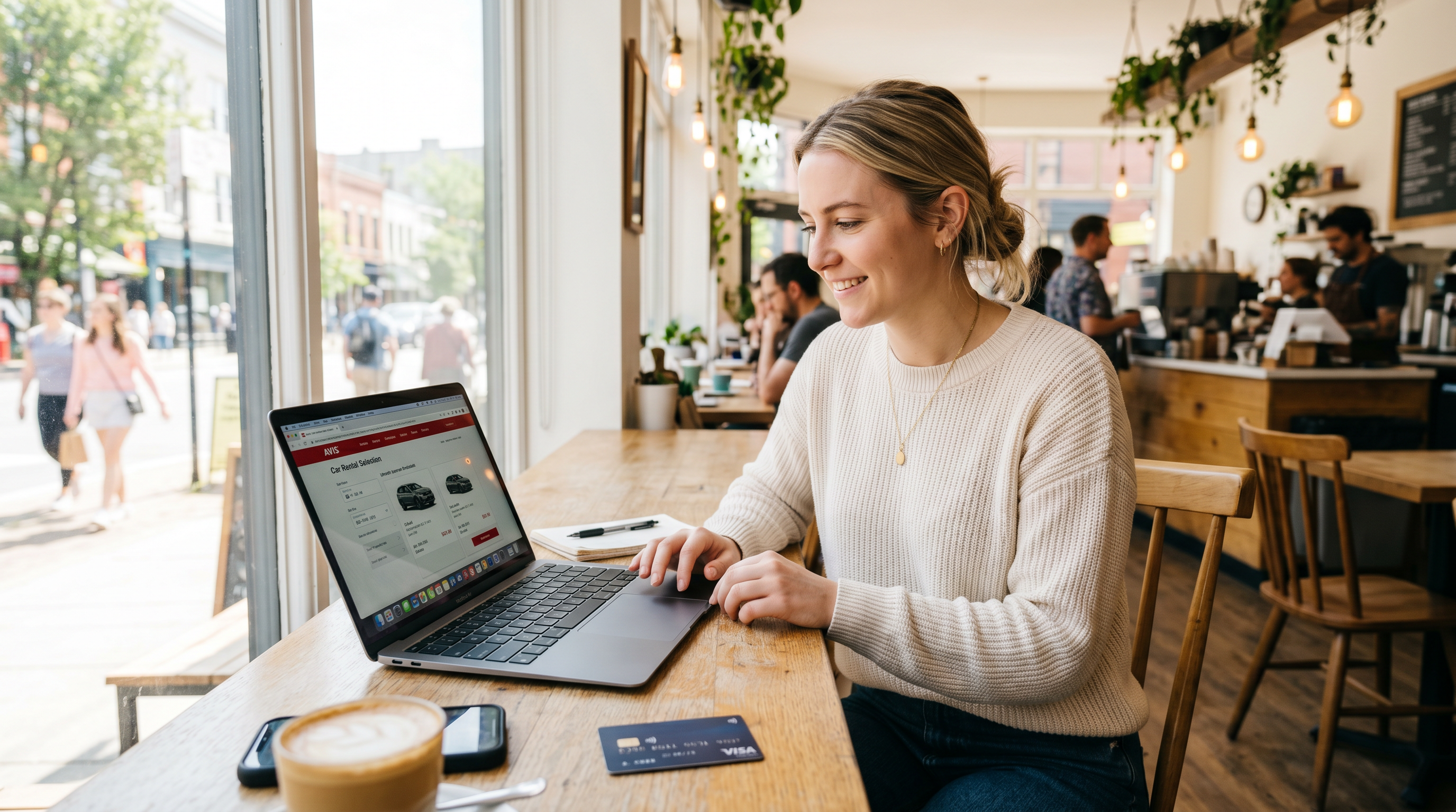 Person booking a car rental on laptop at a bright coffee shop