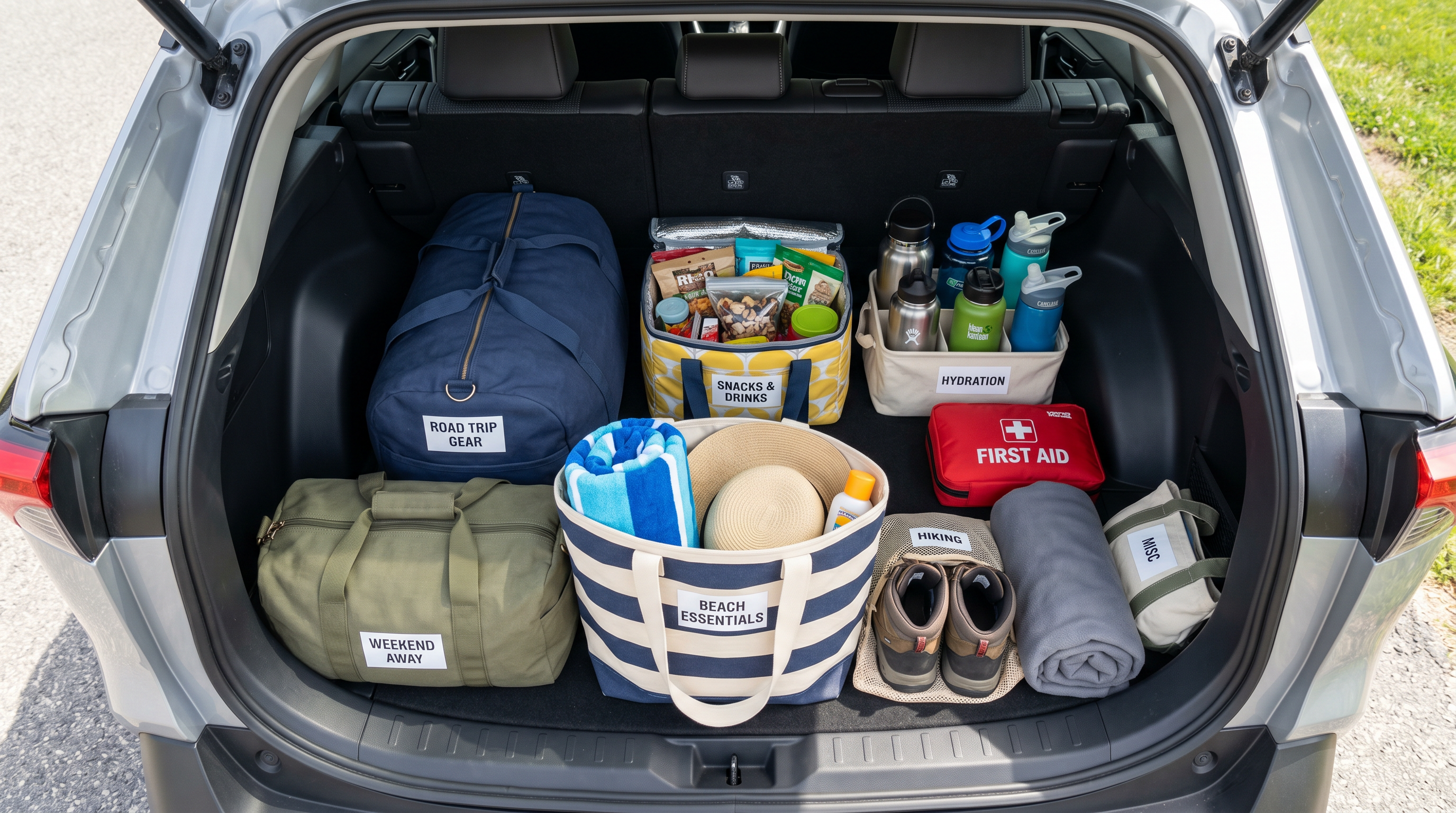 Organized road trip gear in car trunk