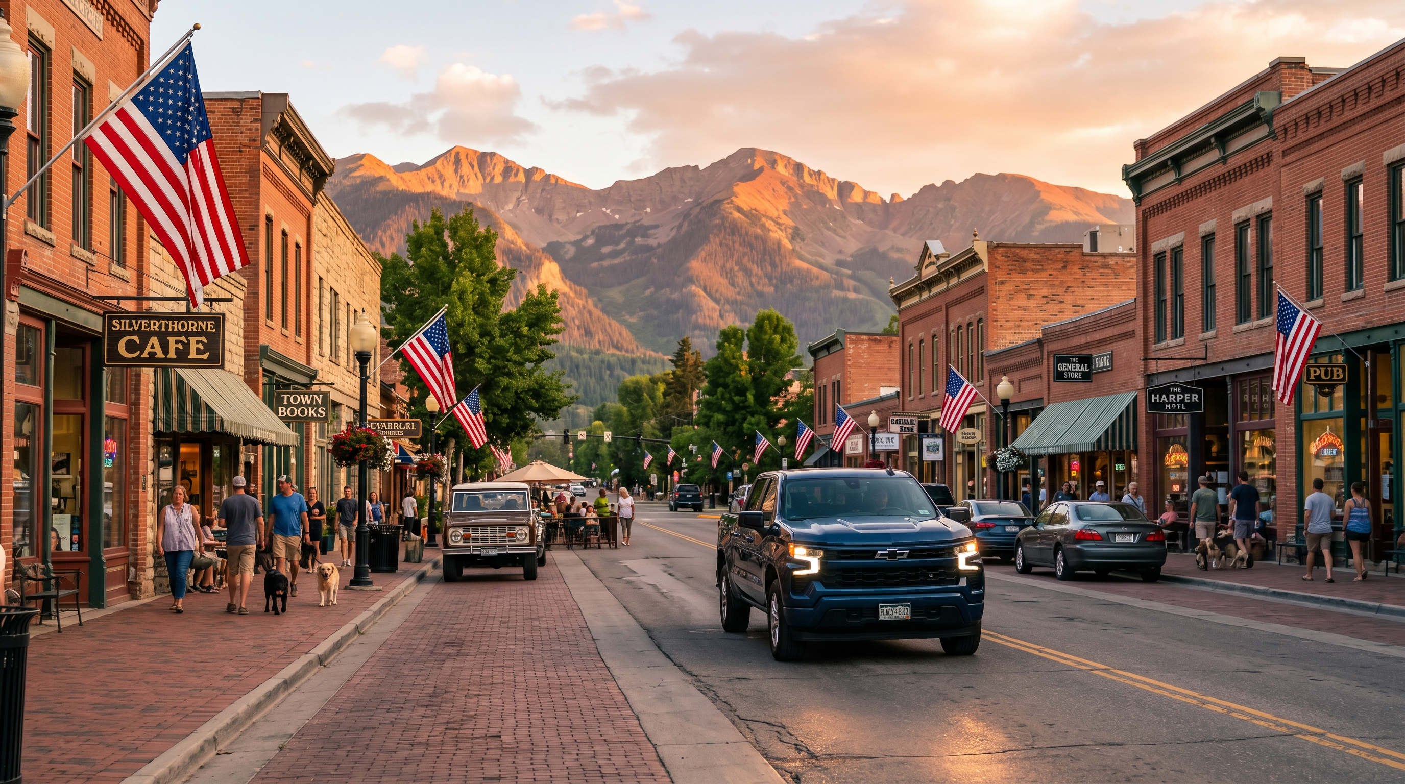 Pickup truck driving through scenic mountain small town at golden hour