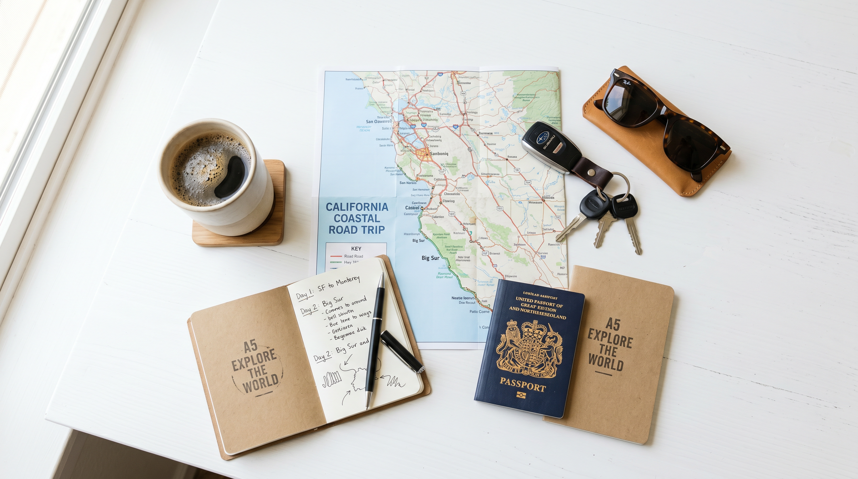 Travel essentials flat lay with map and car keys