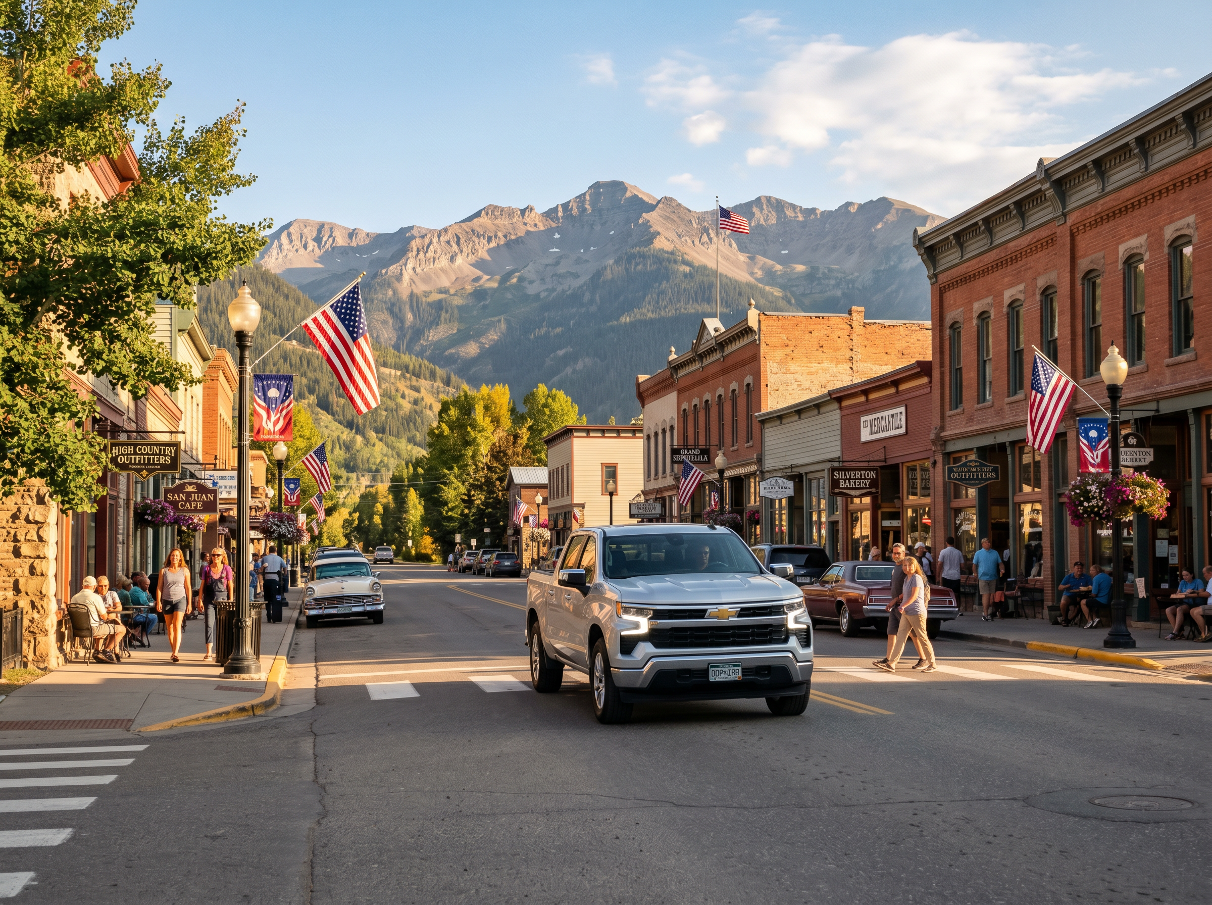 Truck driving through scenic mountain town
